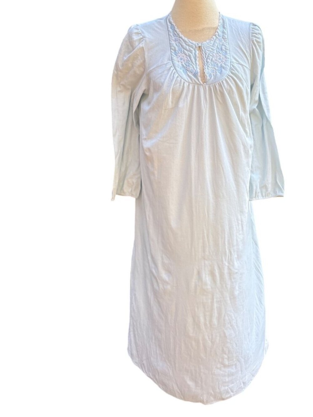 Vintage Vassarette Light Blue Long Sleeve Nightgown Large Embroidered Floral USA